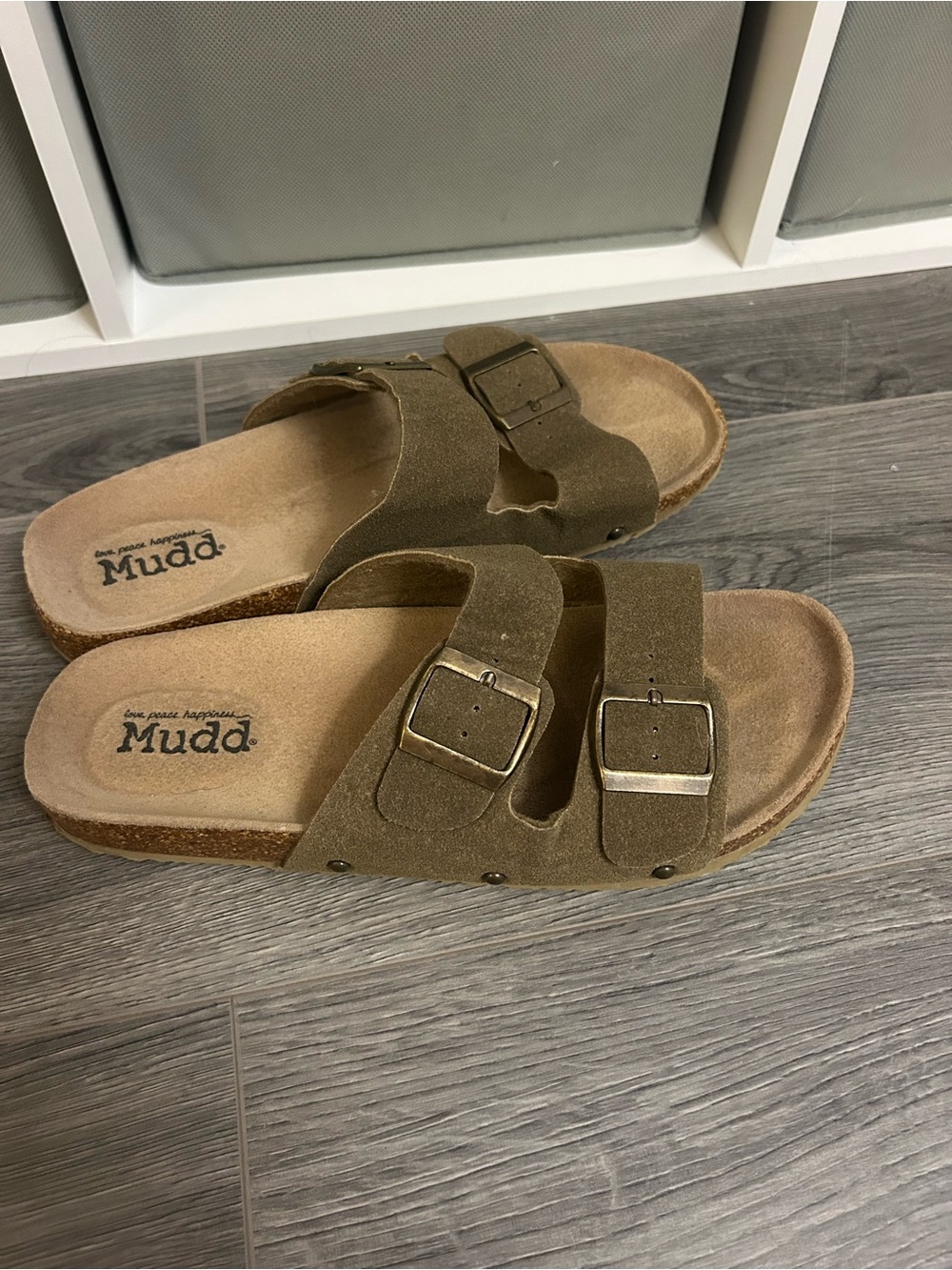 Mudd Olive Suede Double-Buckle Slide Sandals